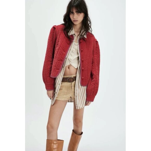 Free People Natalia Quilted Jacket Womens M Red Velvet Cottagecore Country Chic